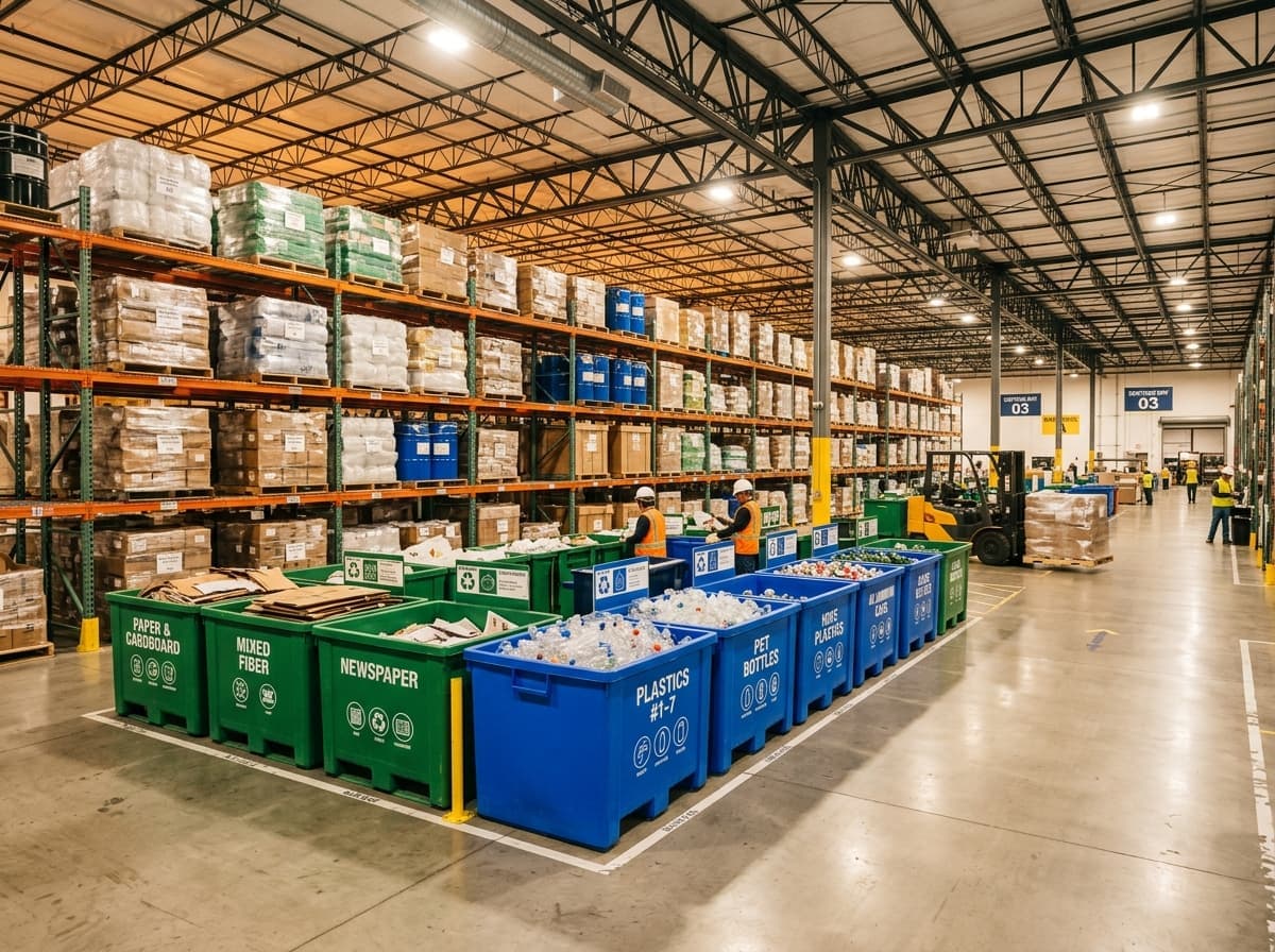 Recycling warehouse interior with workers sorting materials