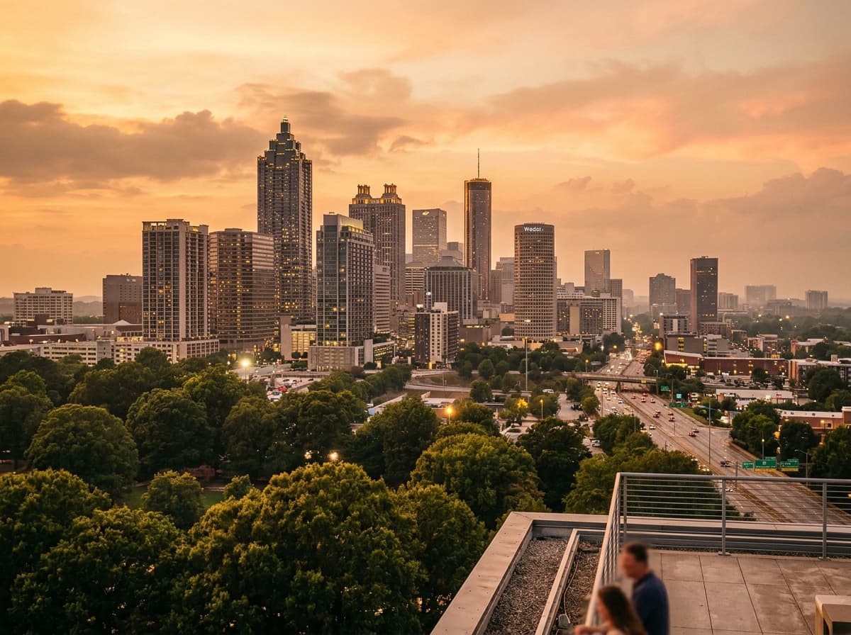 Atlanta skyline at dusk with green spaces visible in the foreground