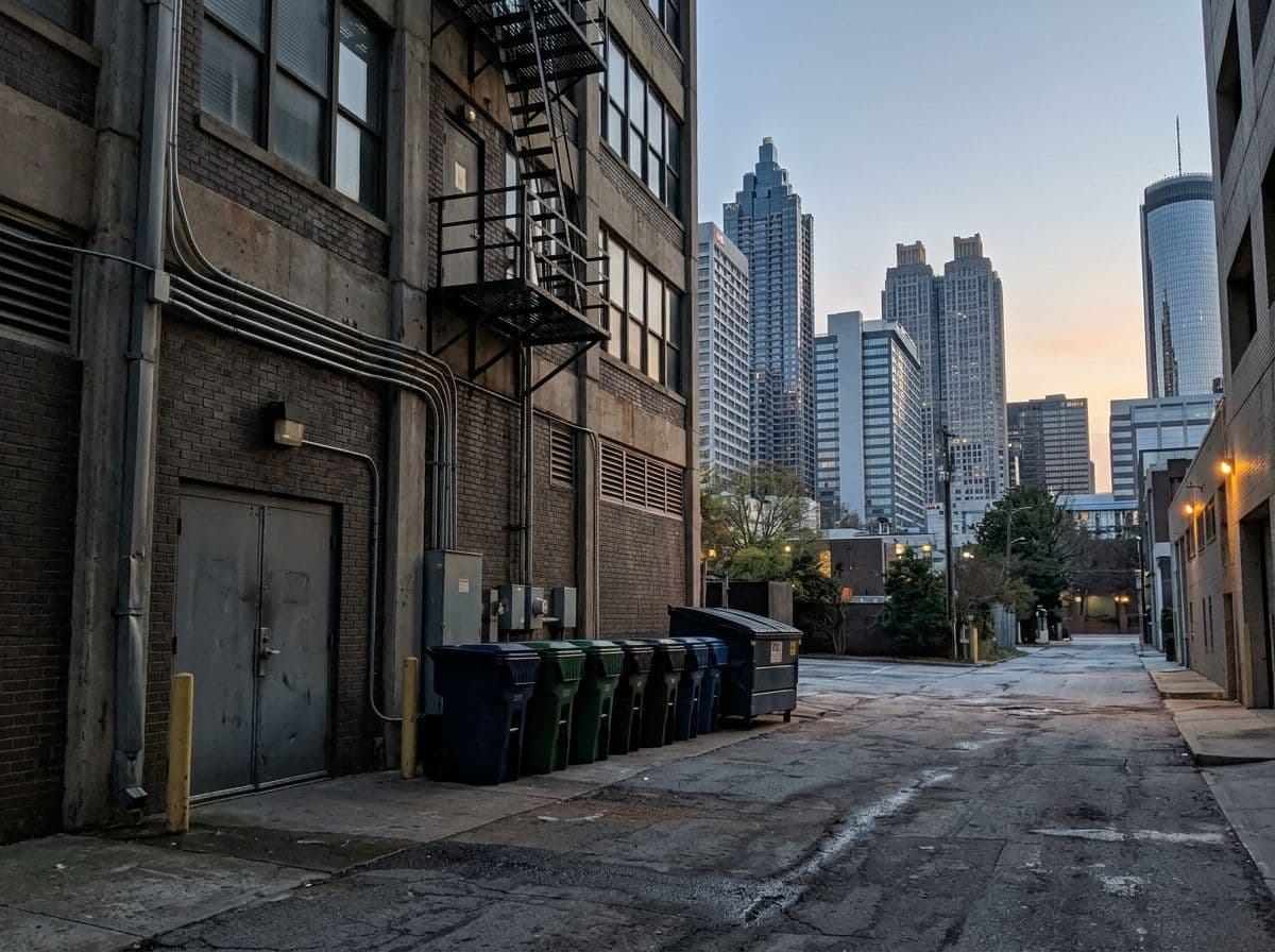 A downtown Atlanta alley lined with recycling and trash carts, the skyline behind it at dusk