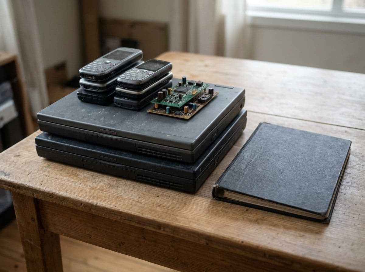 Old phones, a circuit board and laptops stacked on a wooden desk beside a binder